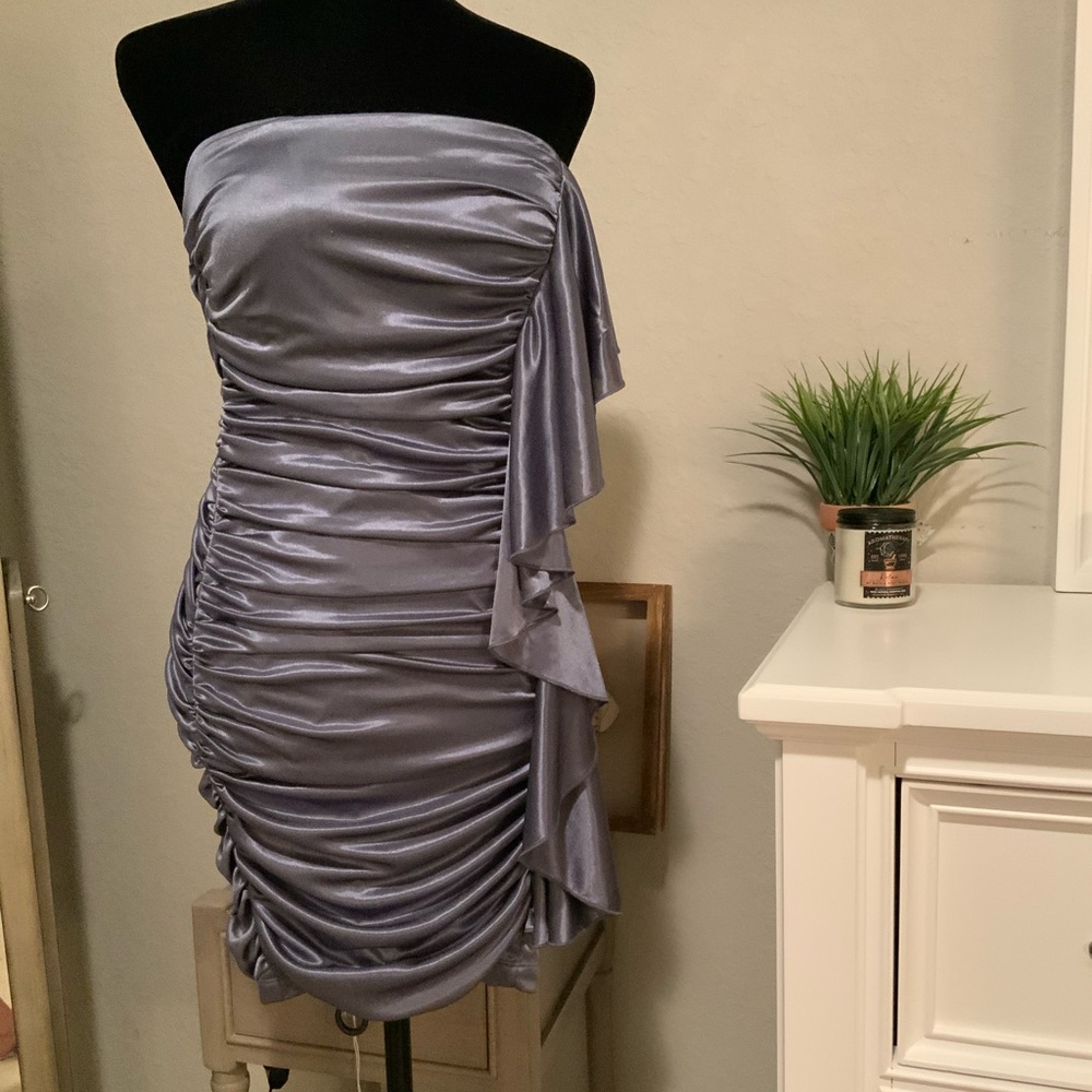 Silver Silk Strapless Mini Dress - Picture 2 of 7